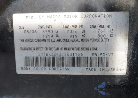 2007 Mazda Mazda3 I/I Sport z USA, uszkodzony, nr VIN JM1BK32F371631156